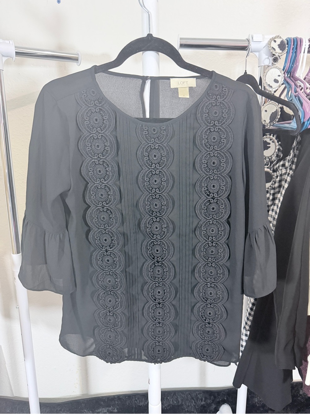 LOFT Black Lace-Trim Peasant Blouse Size Small - Picture 1 of 6